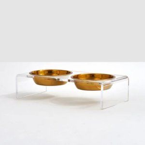 NEW Hiddin Small Clear Double Pet Bowl Feeder with Gold Bowls